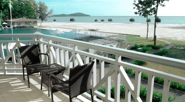 Balcony - Black Wicker Bistro Set on White Terrace Near Ocean